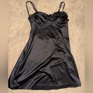 Elegant Black Lace Trim Satin Dress